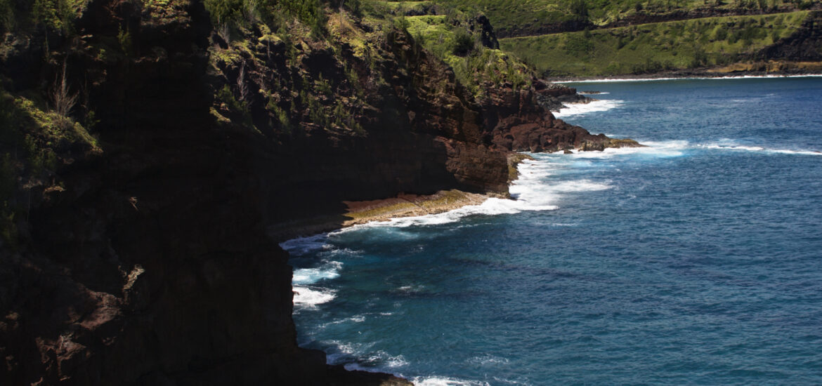 High angle view of rocky coastline in Maui, Hawaii.